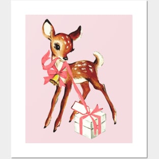 Retro Christmas Reindeer with Gift Posters and Art